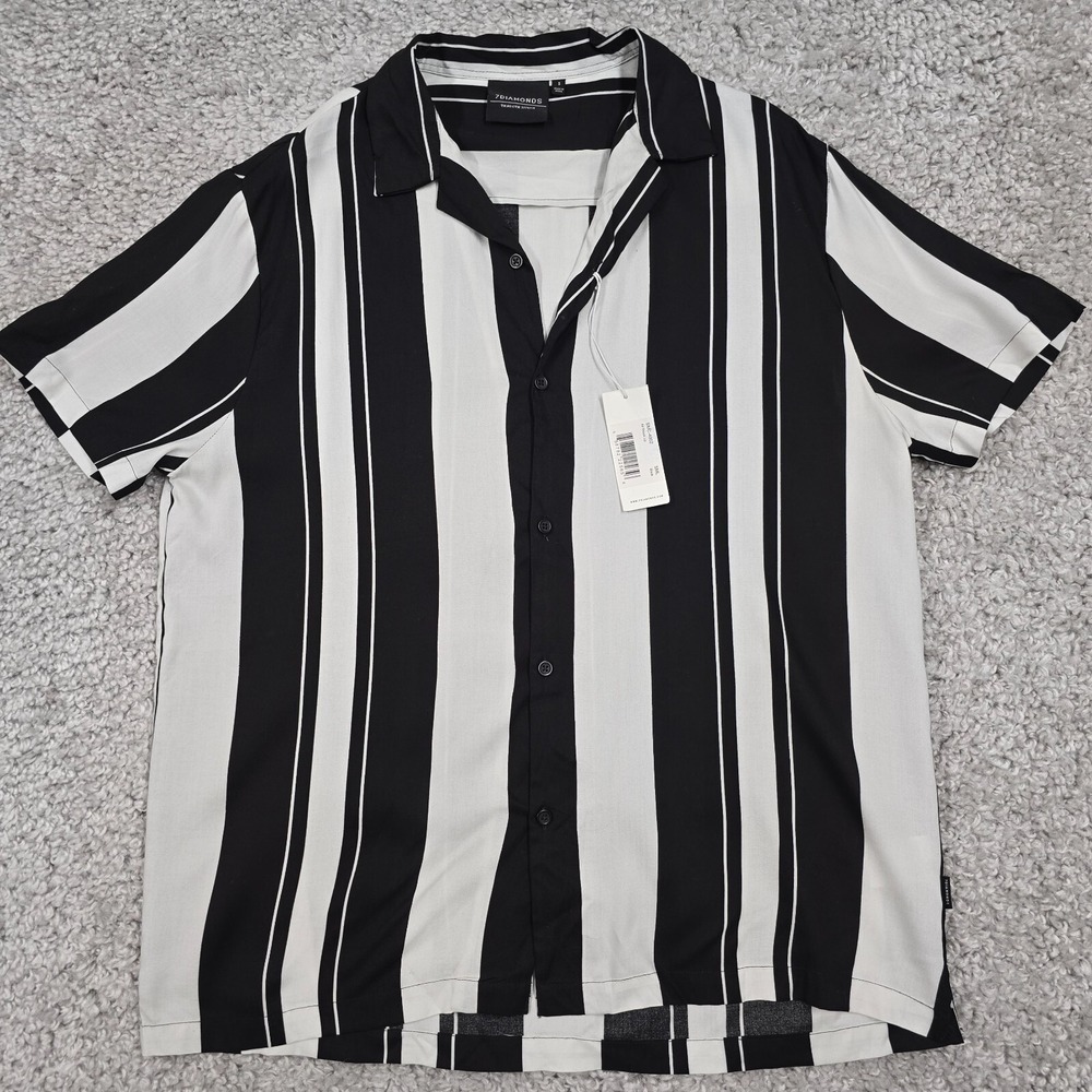 7Diamonds All Shook Up Mens Small Black White Striped Viscose Button Up Shirt